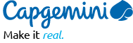 The Capgemini logo features the company name in blue cursive text with a blue spade symbol and the tagline “Make it real." with "real." in italic blue font. Description generated by AI
