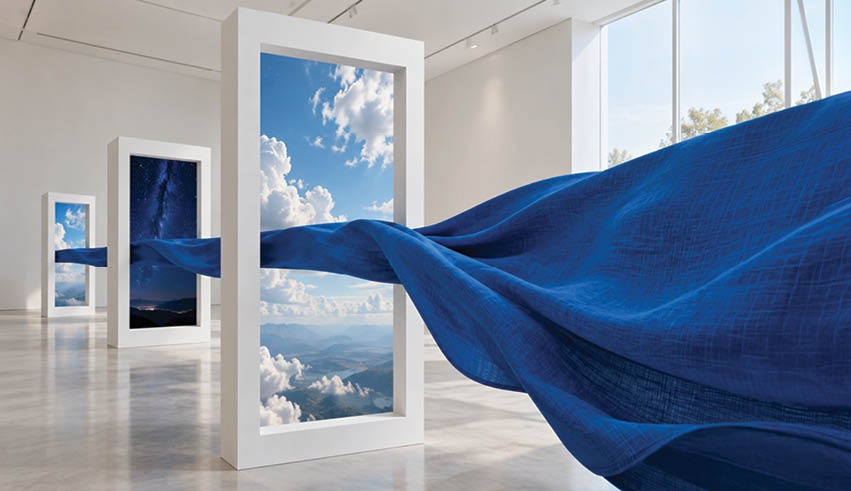 Three large white rectangular frames stand in a spacious room, each displaying different sky scenes with a flowing blue fabric weaving through them. Description generated by AI