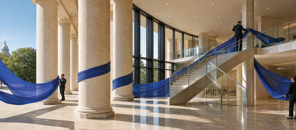People in formal clothing are arranging long blue fabric in a spacious, modern building with tall columns and large windows. Description generated by AI