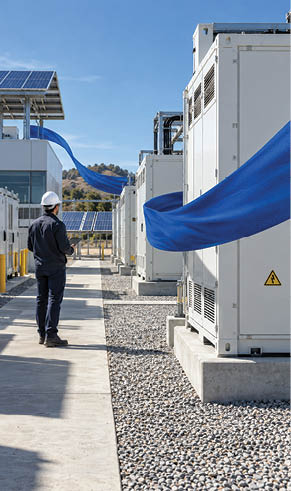 A person wearing a hard hat and dark clothing walks along a pathway between large industrial units with blue fabric draped over them under a clear blue sky. Description generated by AI